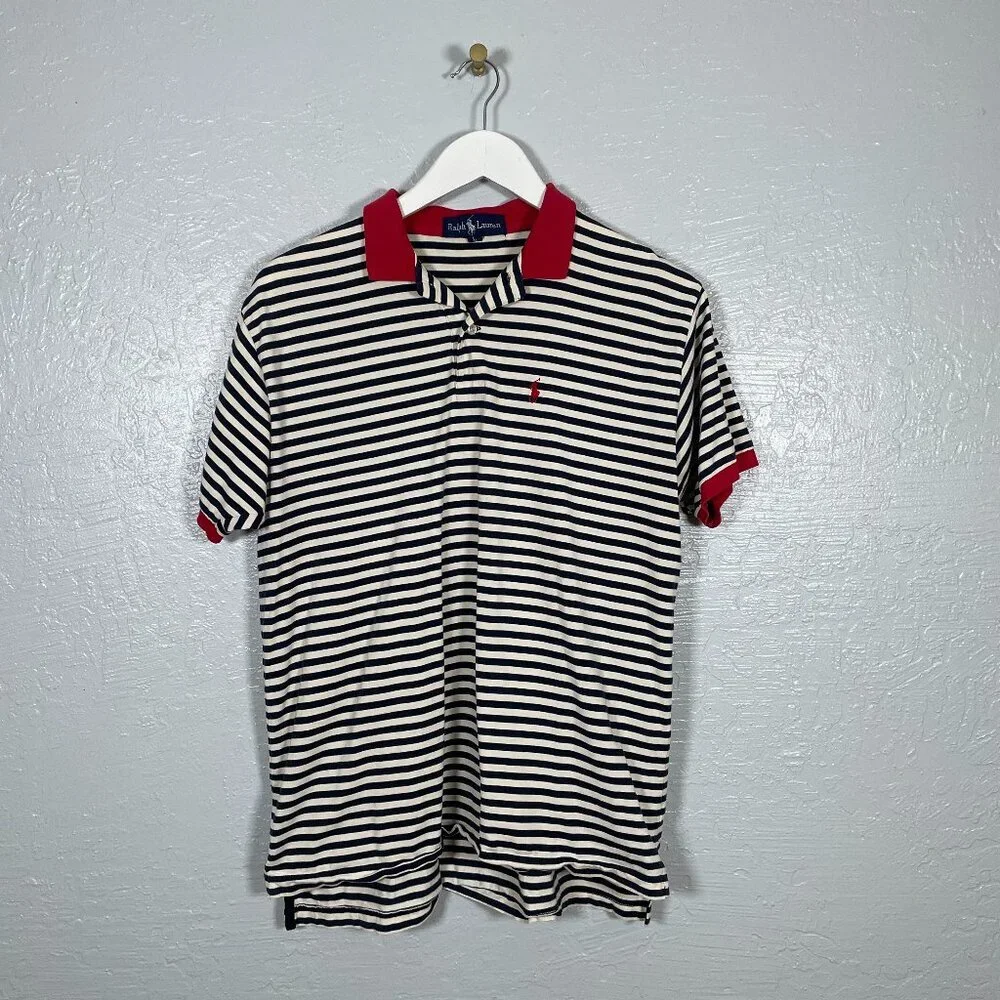 Ralph Lauren Men L Blue White Red Stripe Polo Shirt Short Sleeve Preppy Golf